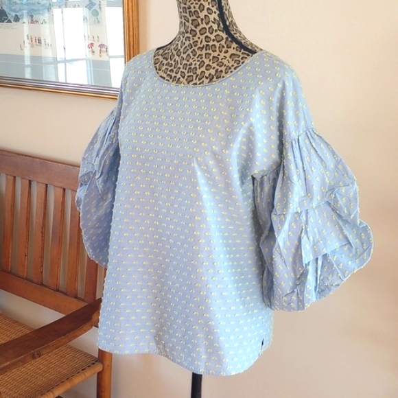 Halogen Preppy Puffy Elbow Sleeve Blouse Size:S Color: Light Blue/Yellow - Picture 2 of 12